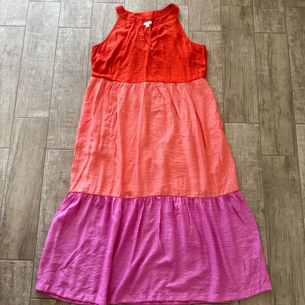 J.Jill Red Coral Pink Colorblock Tiered Sleeveless Maxi Dress Large
